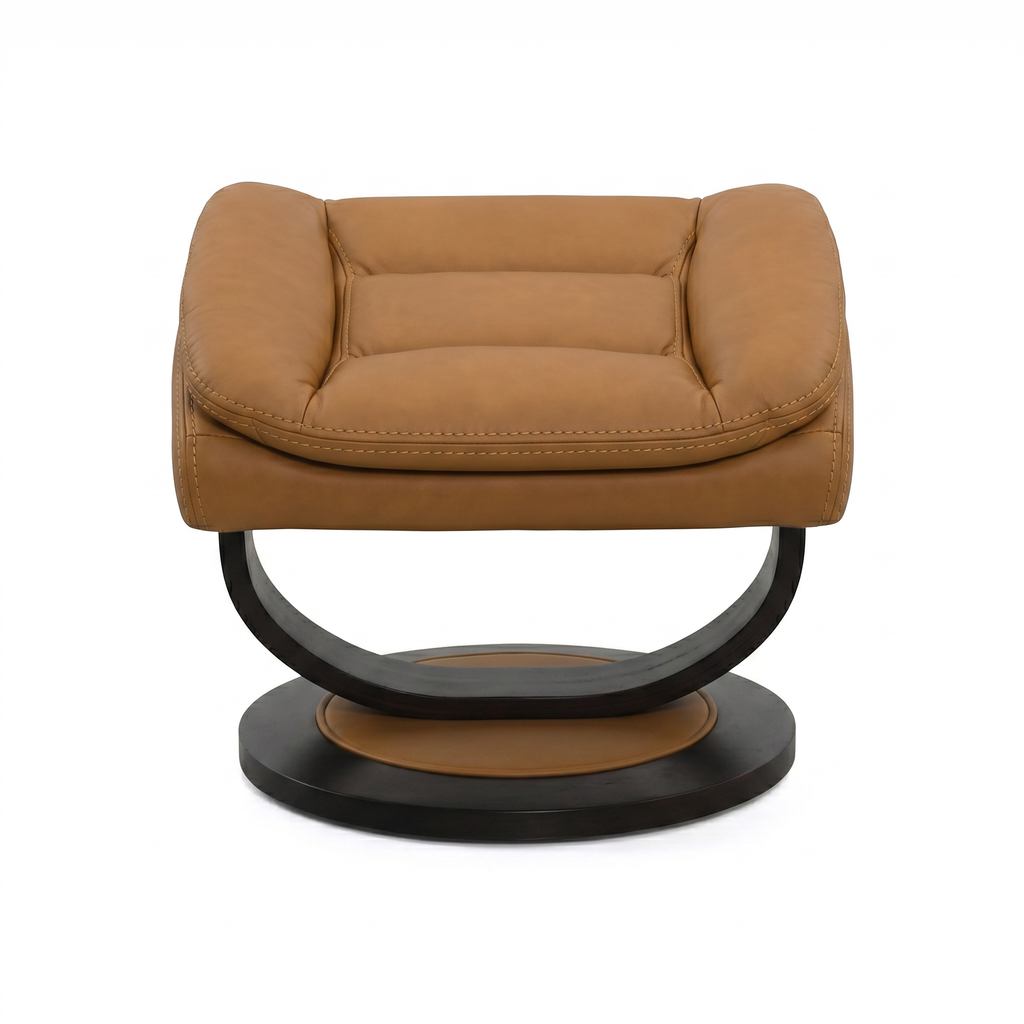 Tan upholstered recliner chair with padded back and rounded arms on swivel base