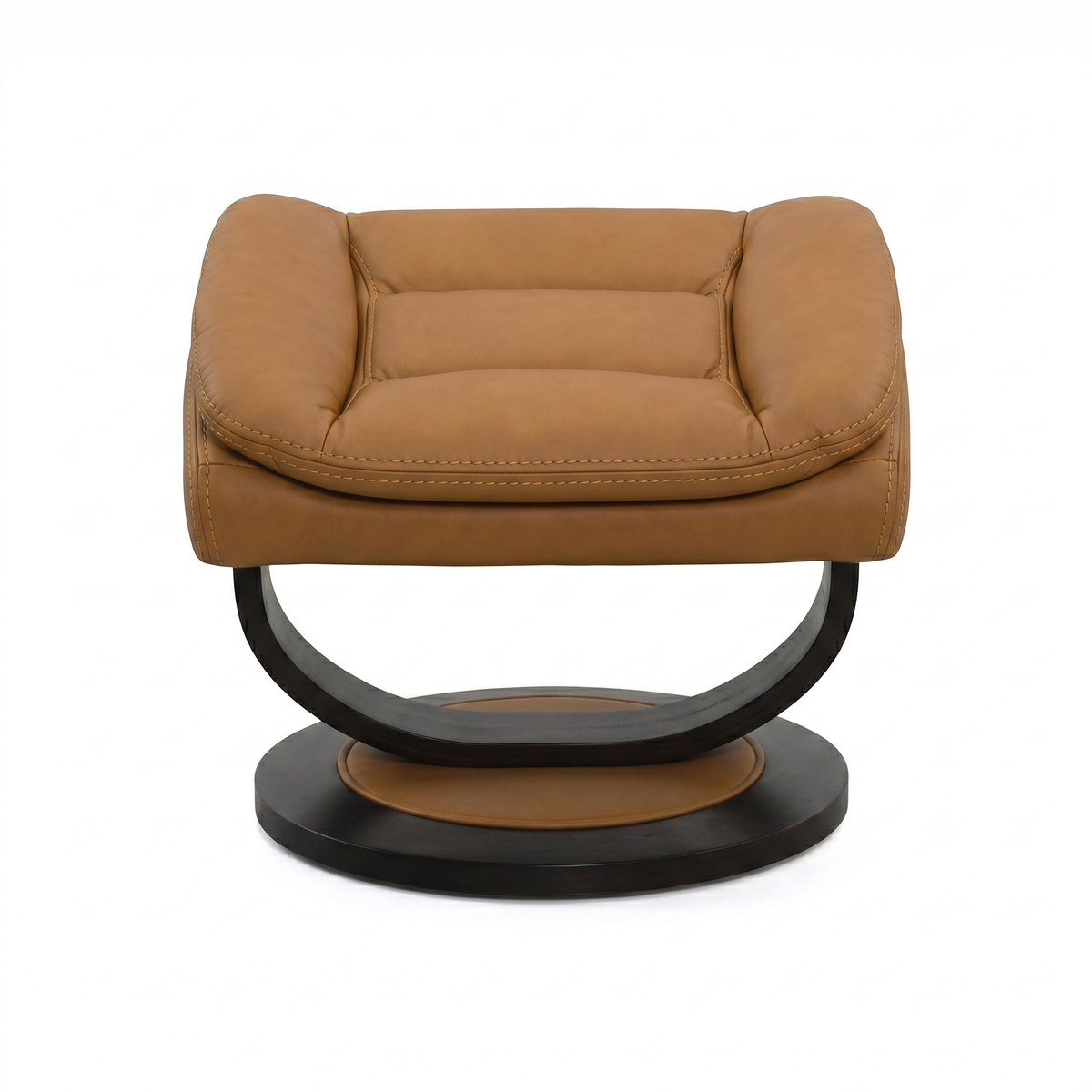 Tan upholstered recliner chair with padded back and rounded arms on swivel base
