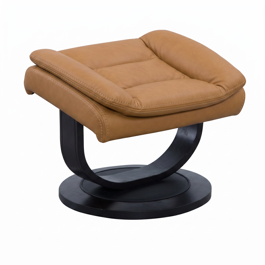 Tan upholstered ottoman with rounded cushioning and black base