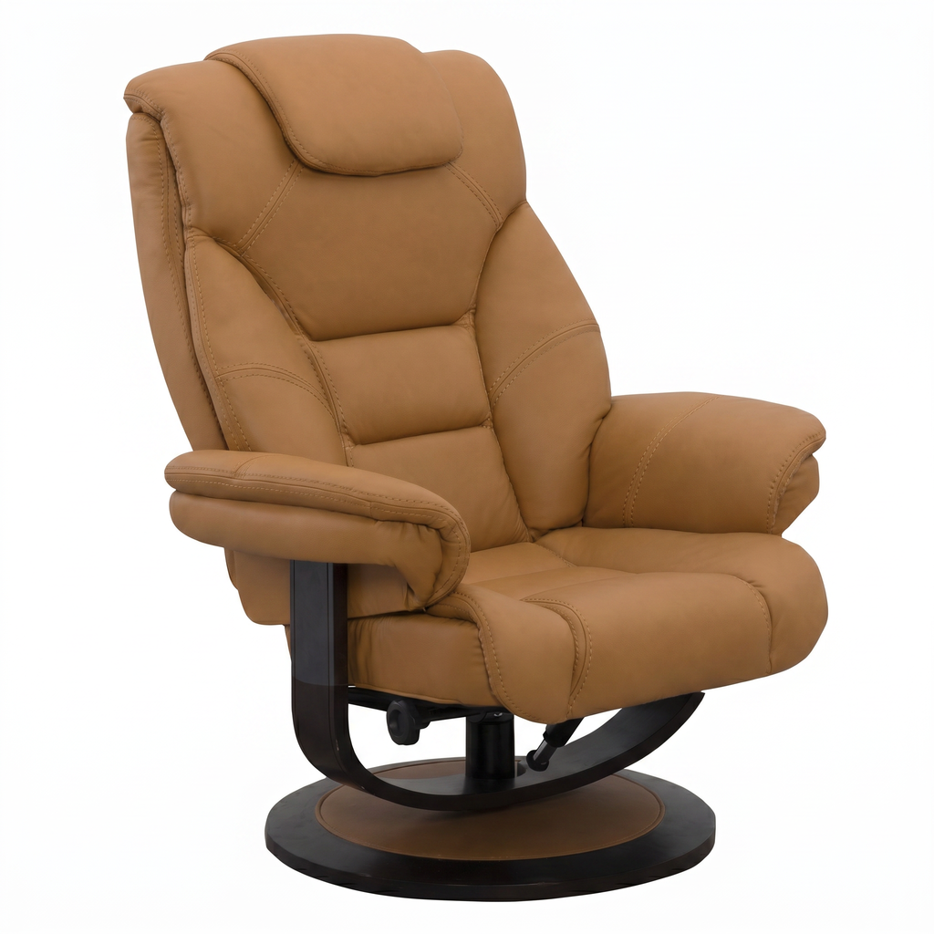 Tan upholstered recliner chair with padded headrest and swivel base