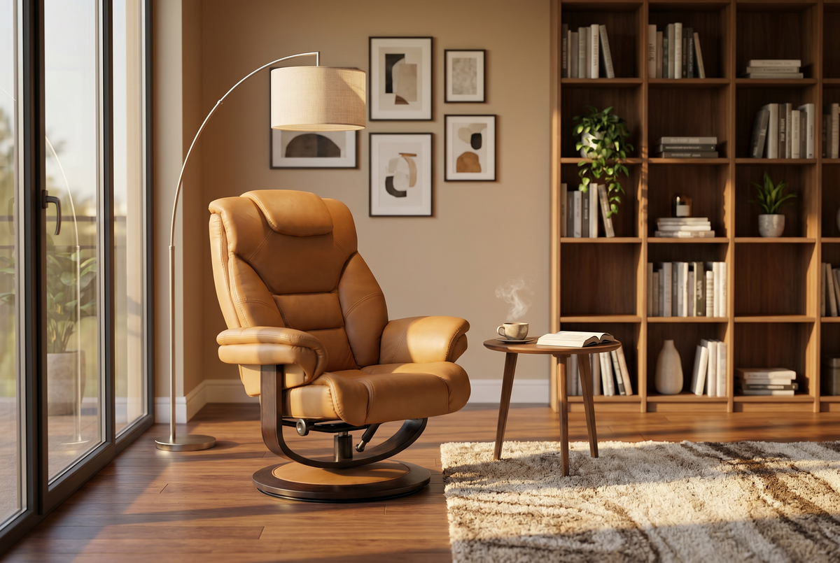 Tan upholstered recliner chair with matching ottoman, front three-quarter view