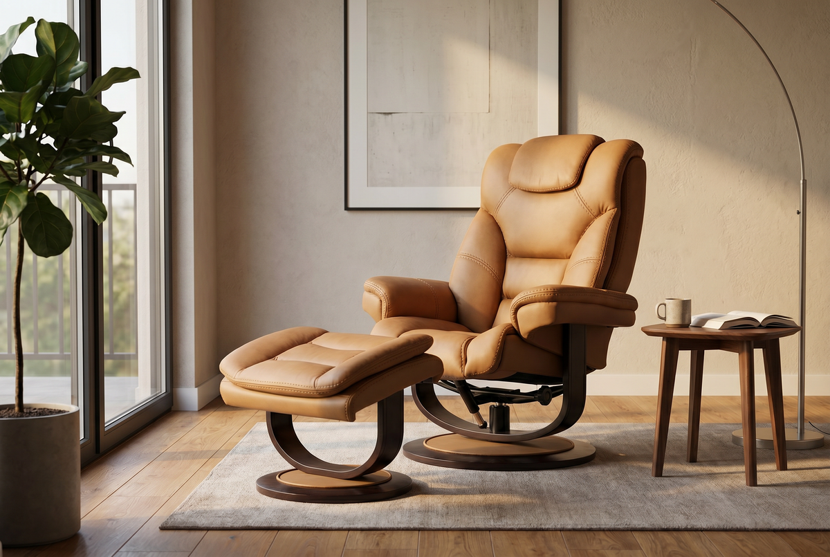 Tan upholstered recliner chair with matching ottoman, floor-standing swivel base