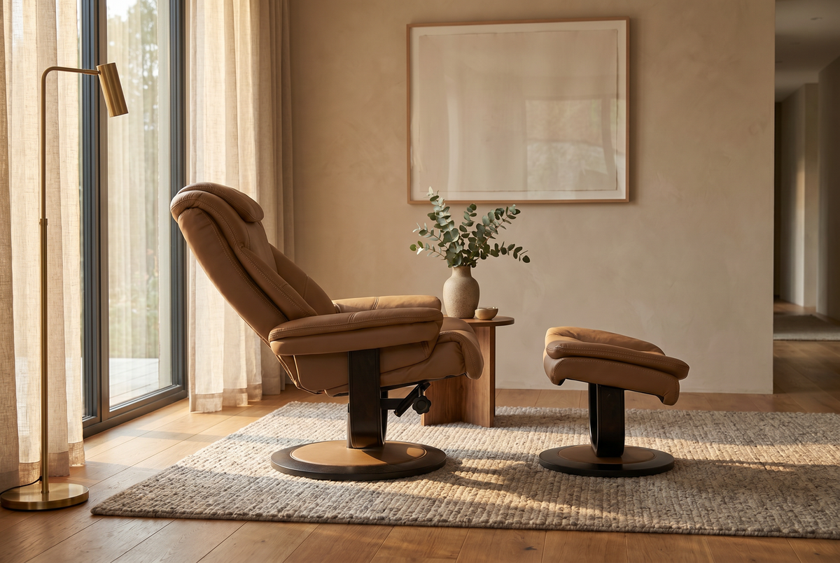 Brown upholstered recliner chair with matching ottoman, side view on swivel base