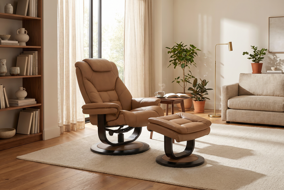 Brown upholstered recliner chair with matching ottoman and swivel base