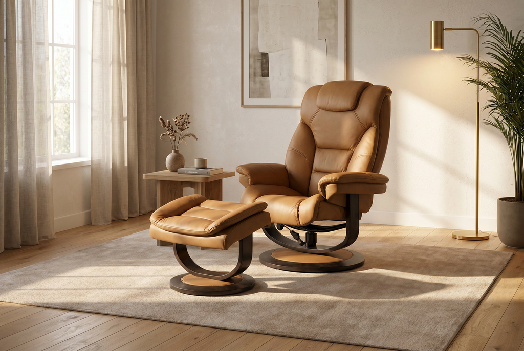 Brown upholstered recliner chair with matching ottoman and curved back, angled view