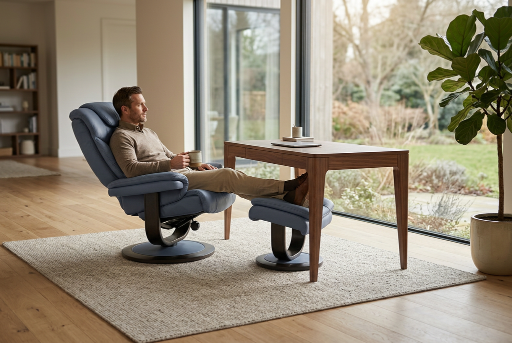 Blue-gray recliner with ottoman extended, round swivel base and contoured armrests.