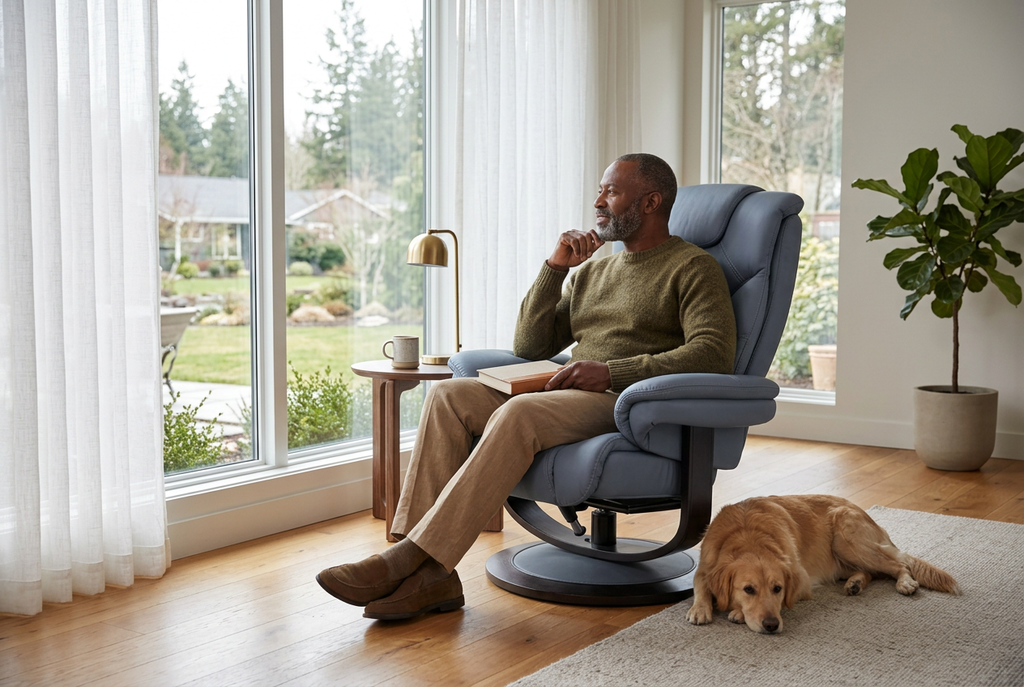 Blue-gray recliner with ottoman, tall backrest, swivel base and wide padded arms.