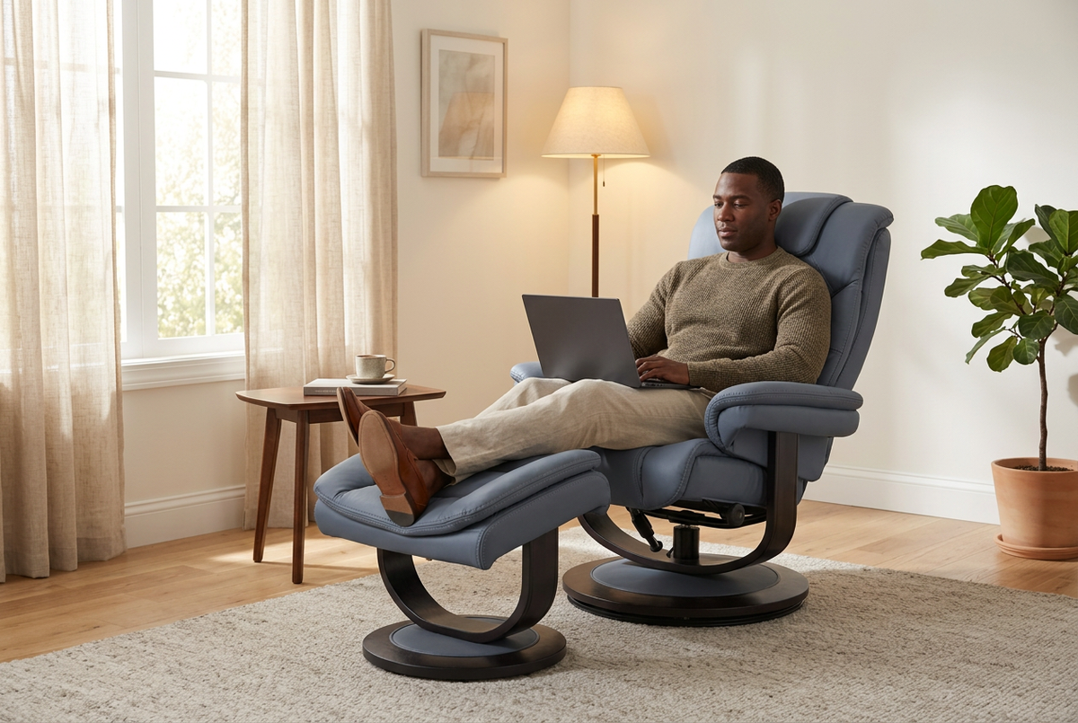 Blue-gray recliner with ottoman, relaxed seat back with side panels and swivel base.