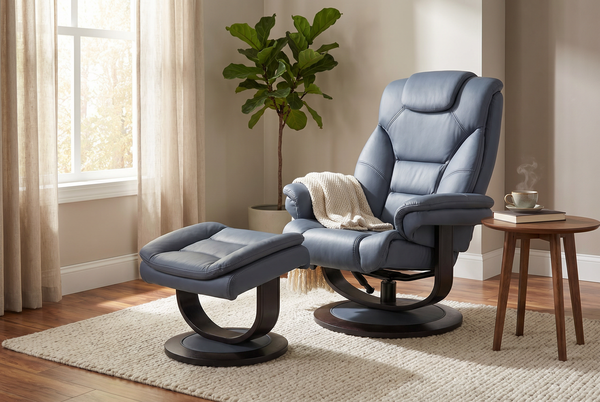 Blue recliner angled with foot ottoman extended, thick cushions and dark swivel base.