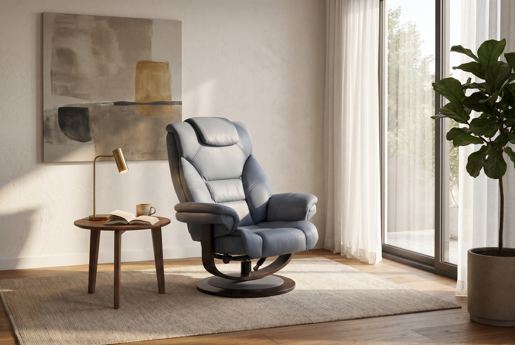 Blue-gray lift-back recliner chair with matching ottoman, dark swivel base.