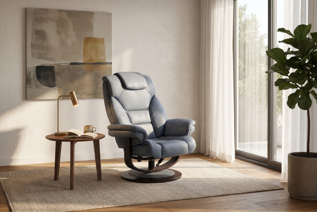 Blue-gray lift-back recliner chair with matching ottoman, dark swivel base.