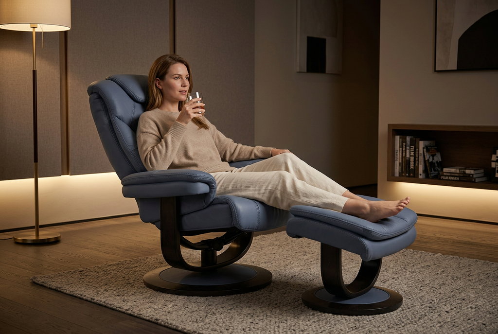 Blue-gray recliner with ottoman extended, head support and curved arms on swivel base.