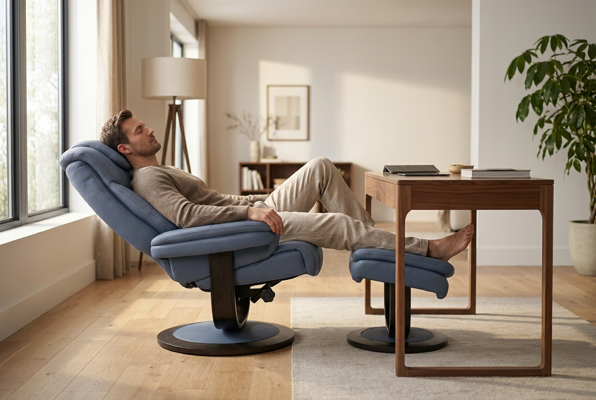 Blue-gray swivel recliner with ottoman, cushioned back and ottoman platform base.