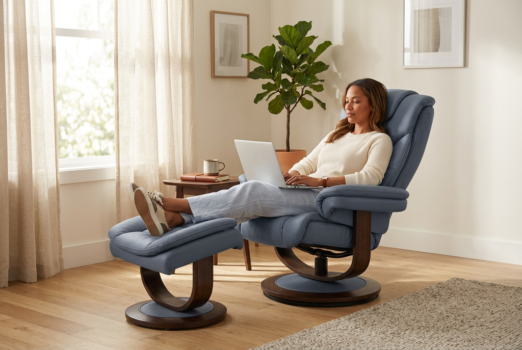 Blue-gray recliner with ottoman, contoured seat cushions and padded headrest.