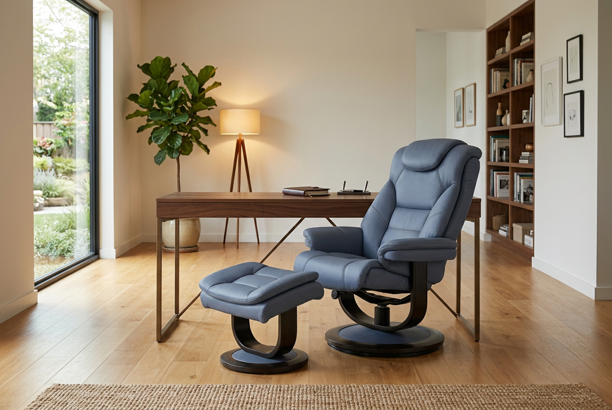 Blue-gray lift-back recliner chair with matching ottoman, round base and arm cushions.