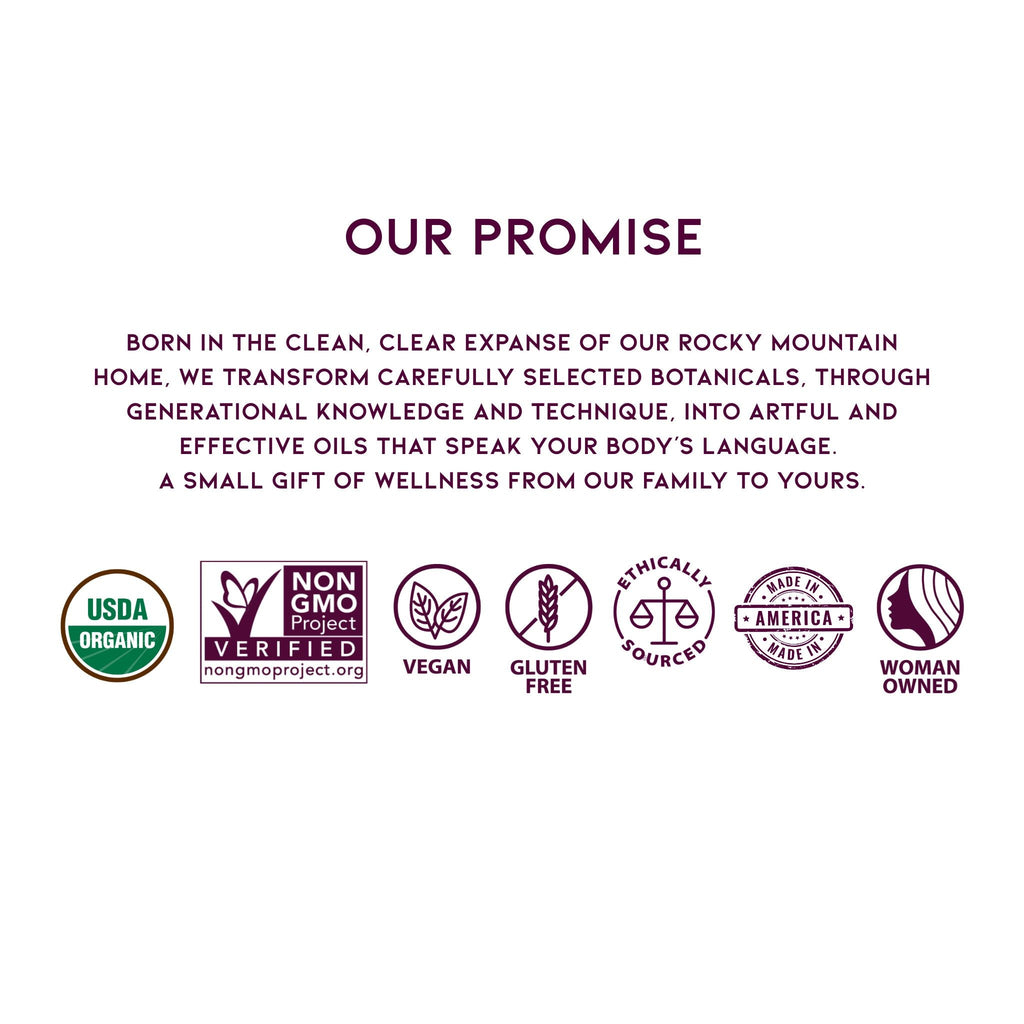 Skincare oil promise panel with certification icons and badges