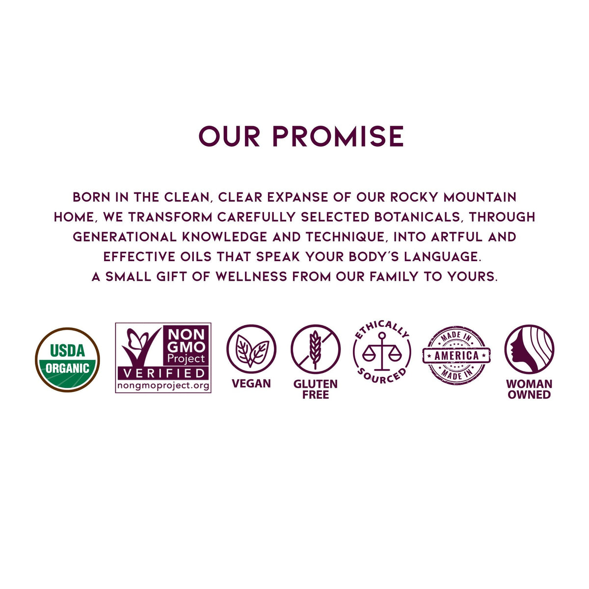 Skincare oil promise panel with certification icons and badges
