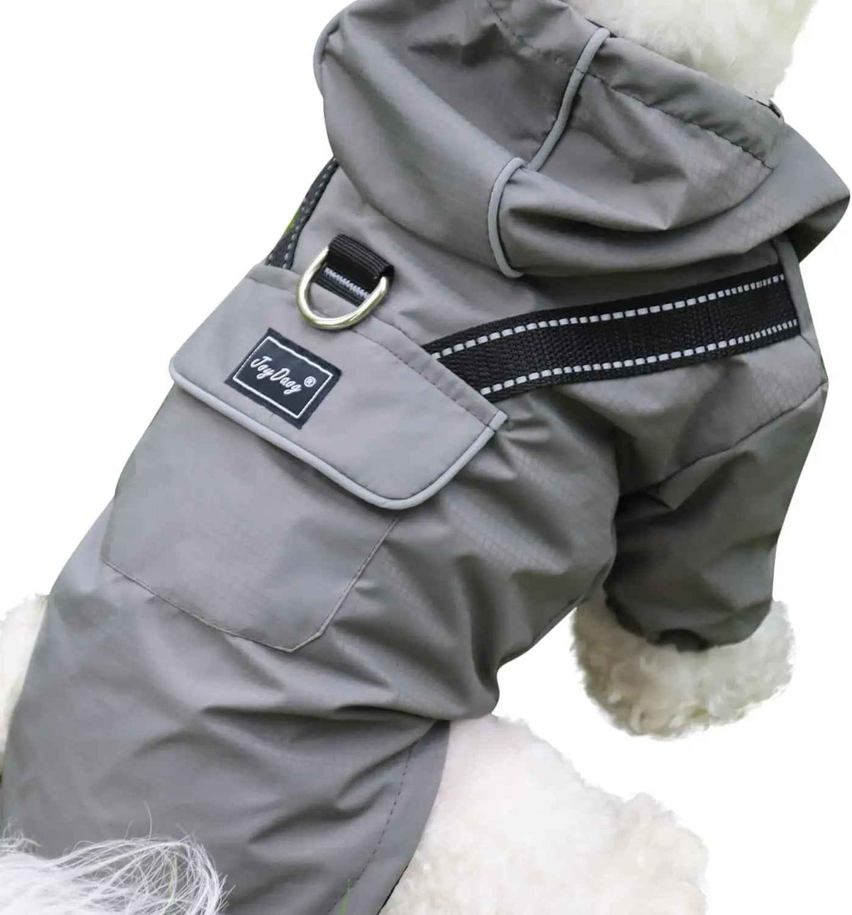Gray dog raincoat with hood, reflective back strap, pocket and metal D-ring