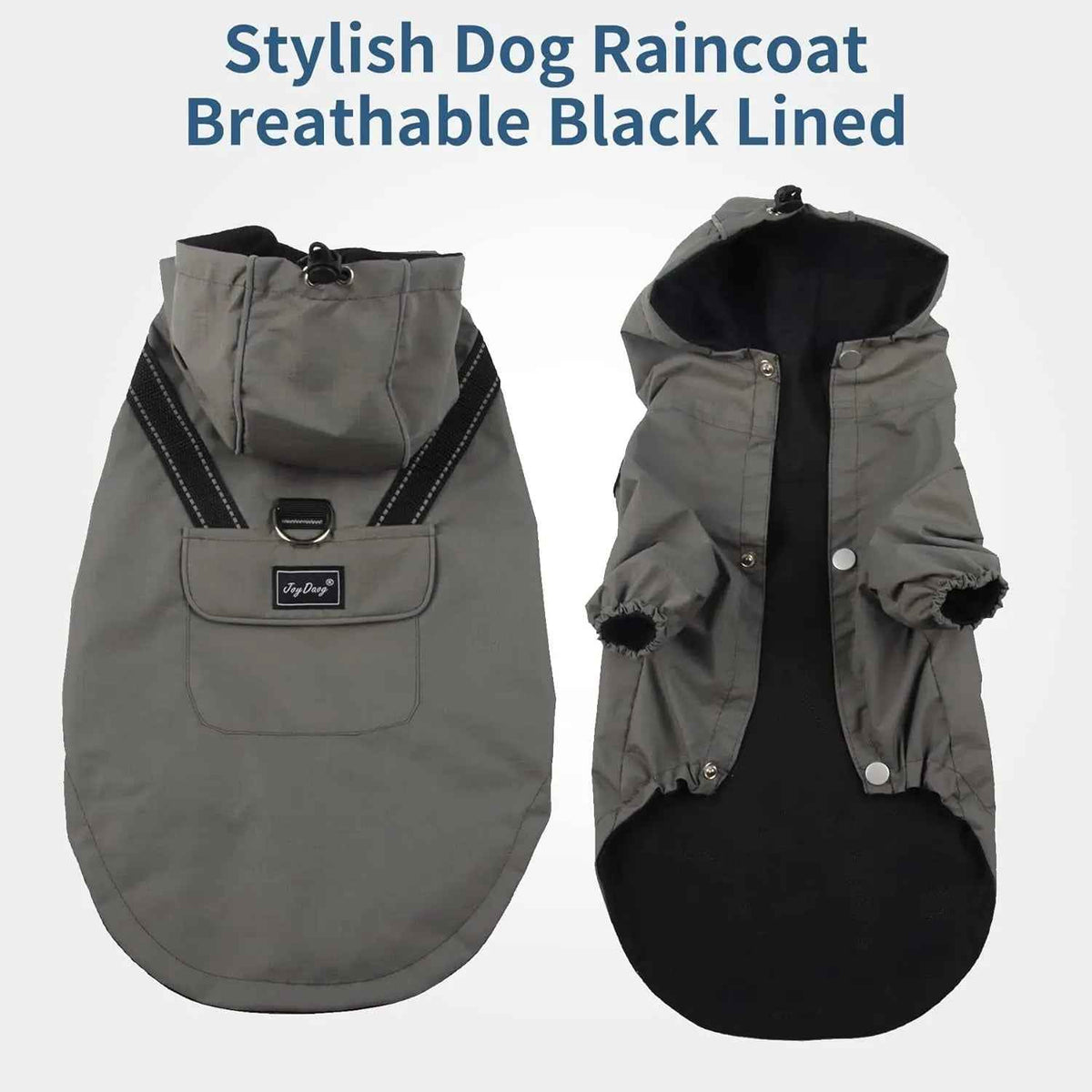 Gray hooded dog raincoat shown front and back, with black lining and snap closures