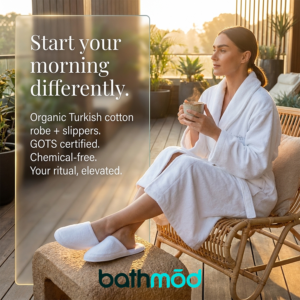 White bathrobe and matching slippers on a seated person’s lap and feet