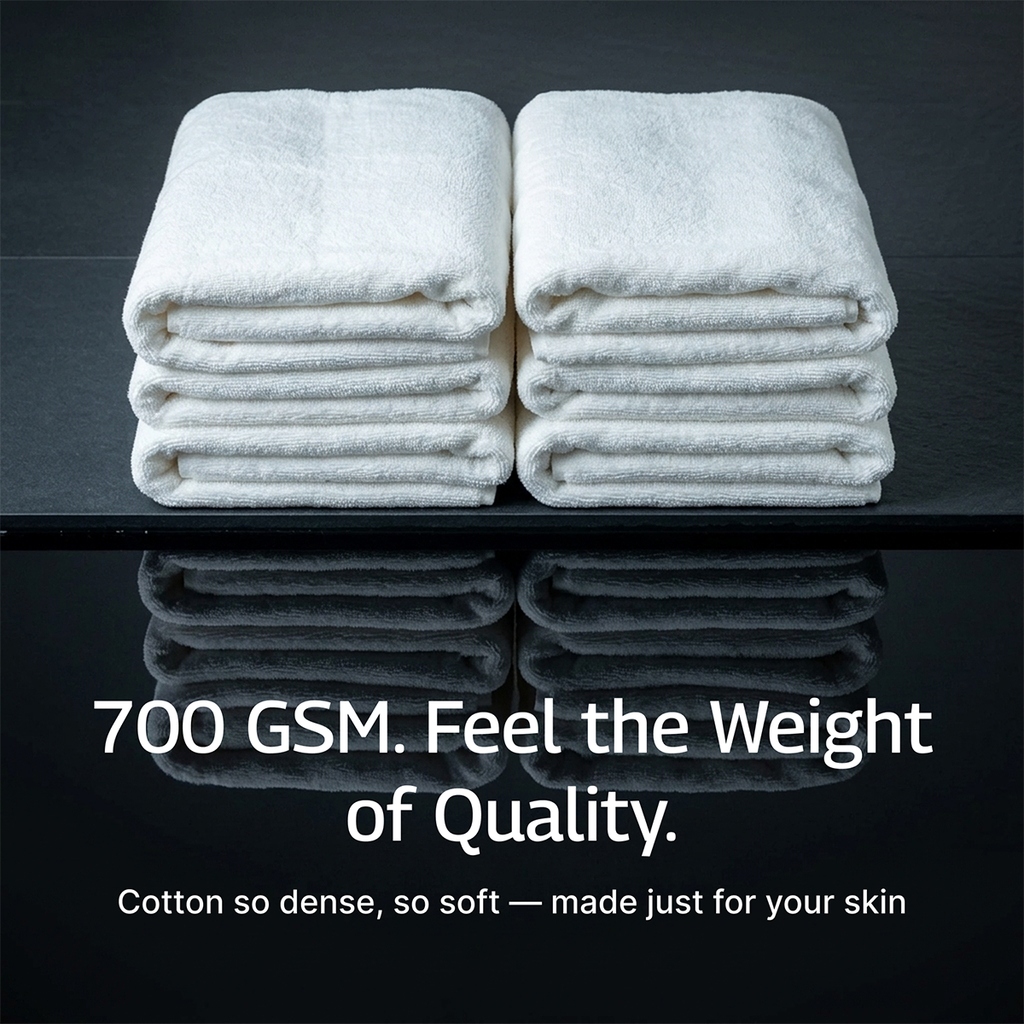 Two stacks of white bath towels, neatly folded with plush ribbed layers