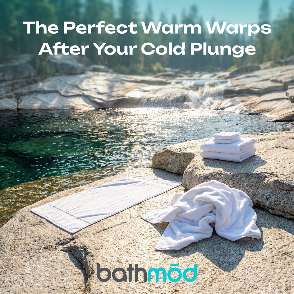 Folded white towels stacked on stone, plush bath towel set for drying