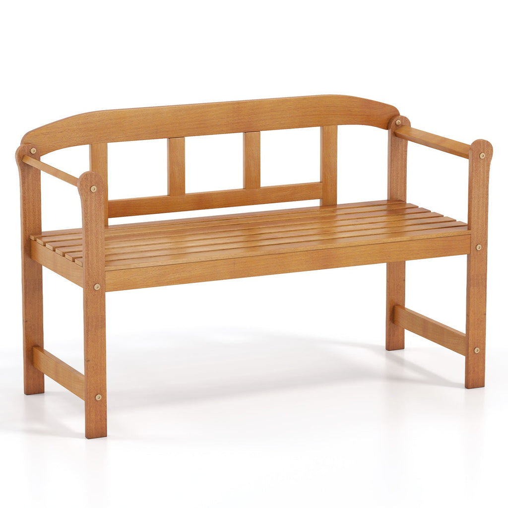 Acacia wood 2-seater bench with curved backrest, slatted seat, and armrests.
