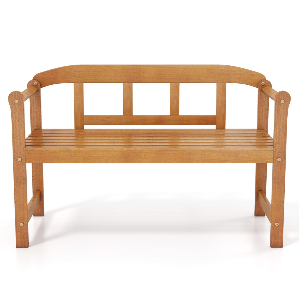 Acacia wood bench with backrest and slatted seat, curved top rail and solid legs.