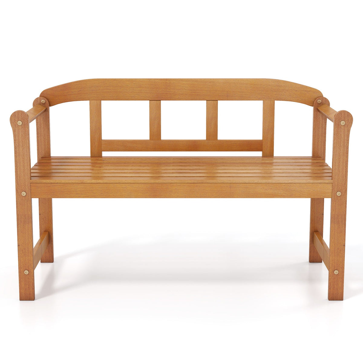 Acacia wood bench with backrest and slatted seat, curved top rail and solid legs.