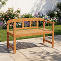Acacia wood garden bench with backrest and armrests, slatted seat in natural tan.