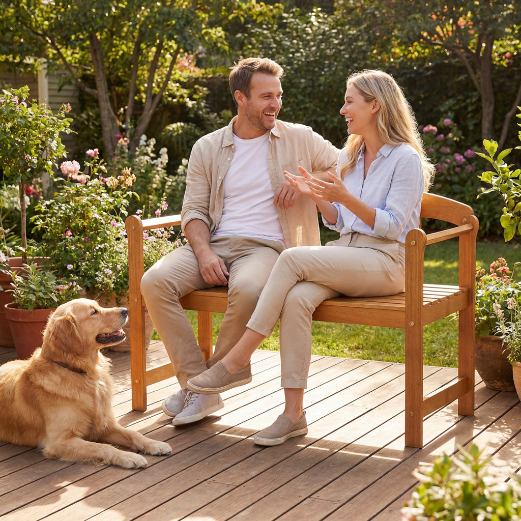 Acacia wood outdoor garden bench with backrest and armrests, slatted seat.