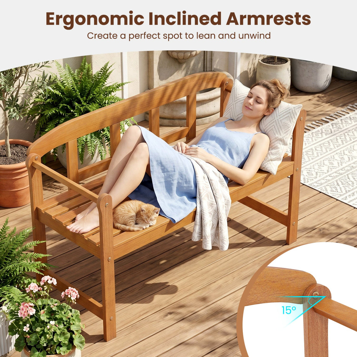 Acacia wood garden bench with curved armrests and backrest, slatted seating surface.