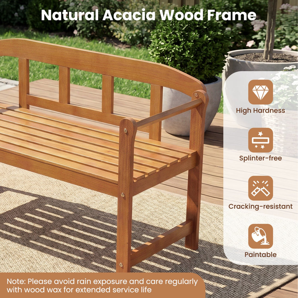 Acacia wood garden bench frame with backrest slats and armrests, natural finish close-up.