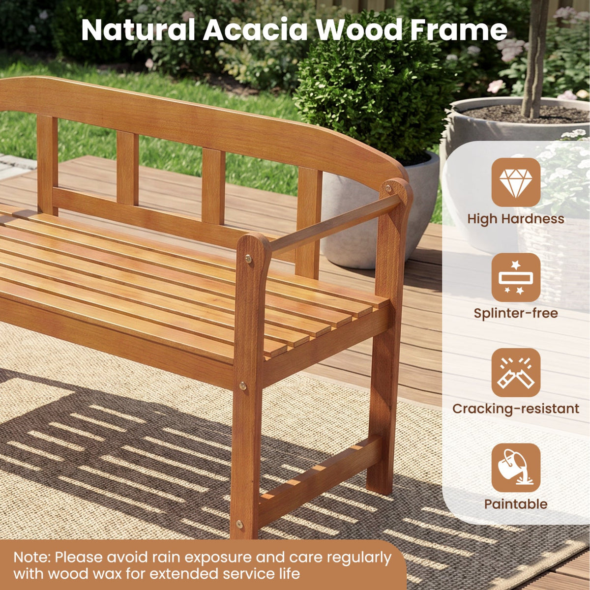 Acacia wood garden bench frame with backrest slats and armrests, natural finish close-up.