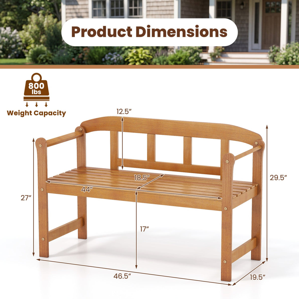 Acacia wood garden bench with backrest and armrests, shown with labeled dimensions.