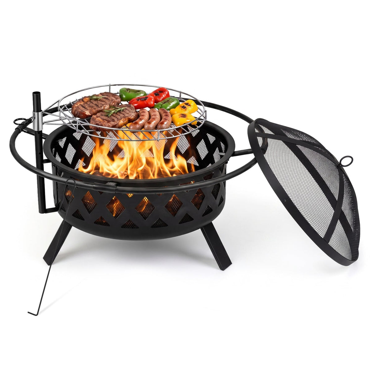 Black round fire pit grill with mesh grate and spark screen, flames, food.