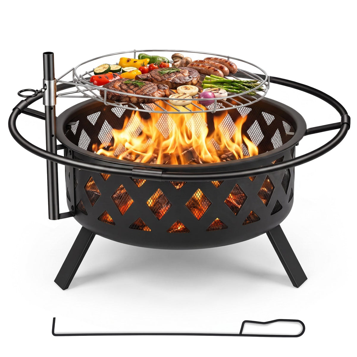 Black round fire pit grill with mesh cooking grate and flames.