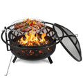 Black round fire pit grill with mesh cooking grate, flames, and spark screen.