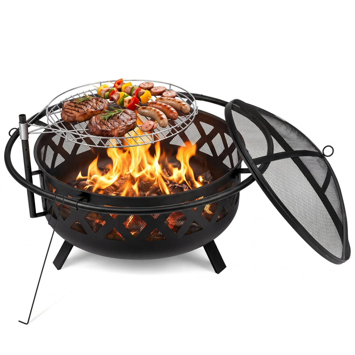 Black round fire pit grill with mesh cooking grate, flames, and spark screen.