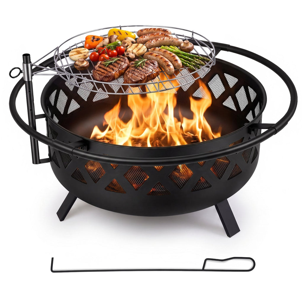 Black fire pit grill with raised mesh grate and flames, food on top.