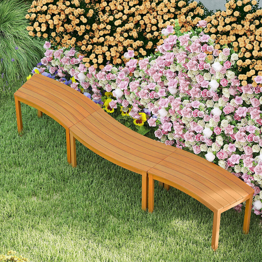 Curved acacia wood outdoor bench with slatted seat and angled end supports