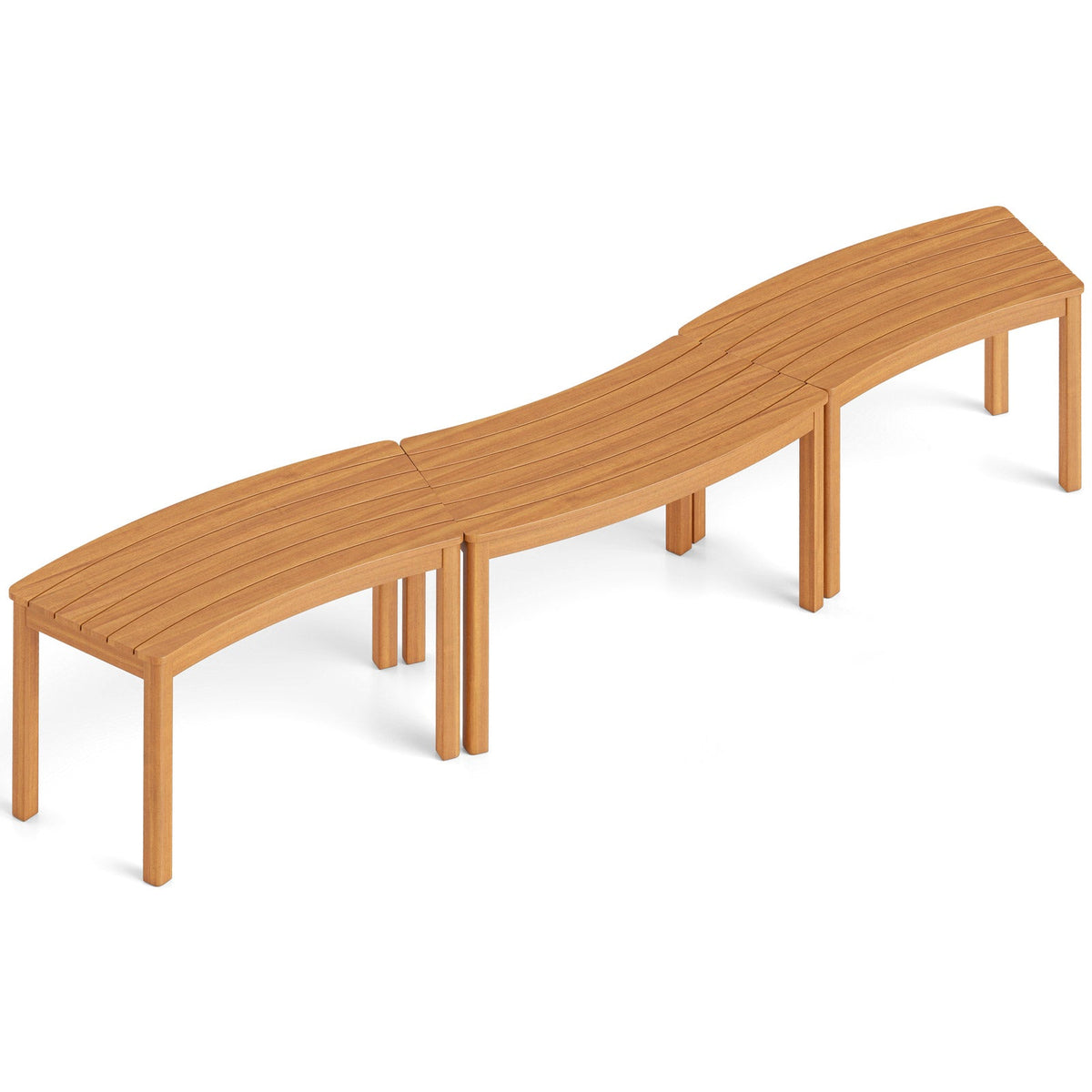 Curved acacia wood outdoor bench with slatted surface and tapered legs, arched ends