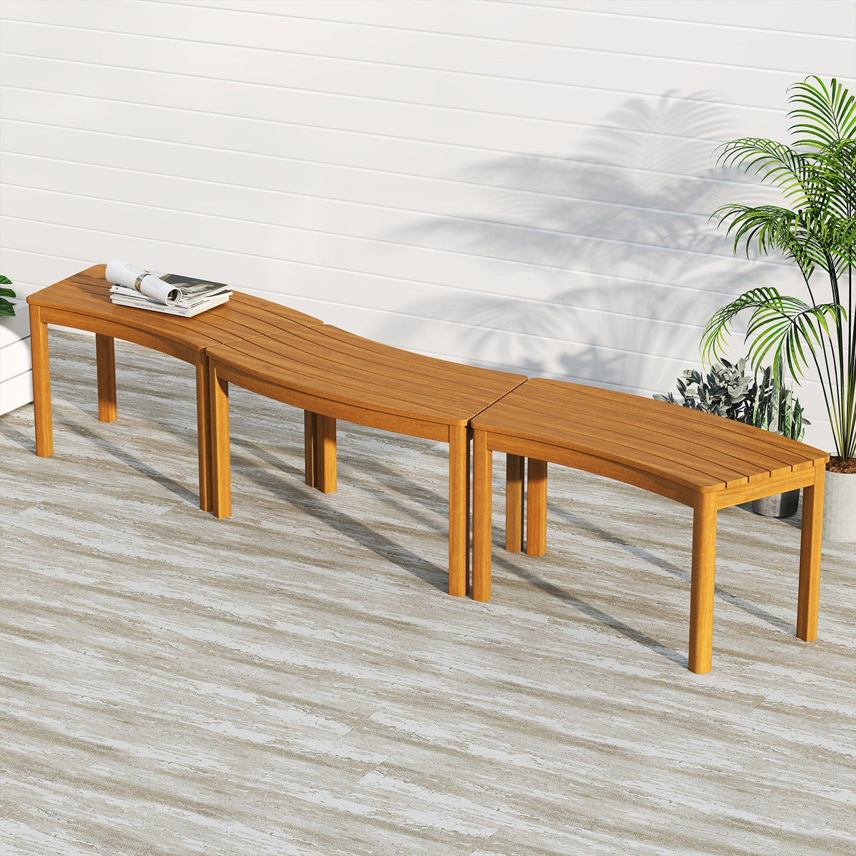 Curved acacia wood outdoor bench with slatted seat and sturdy square legs