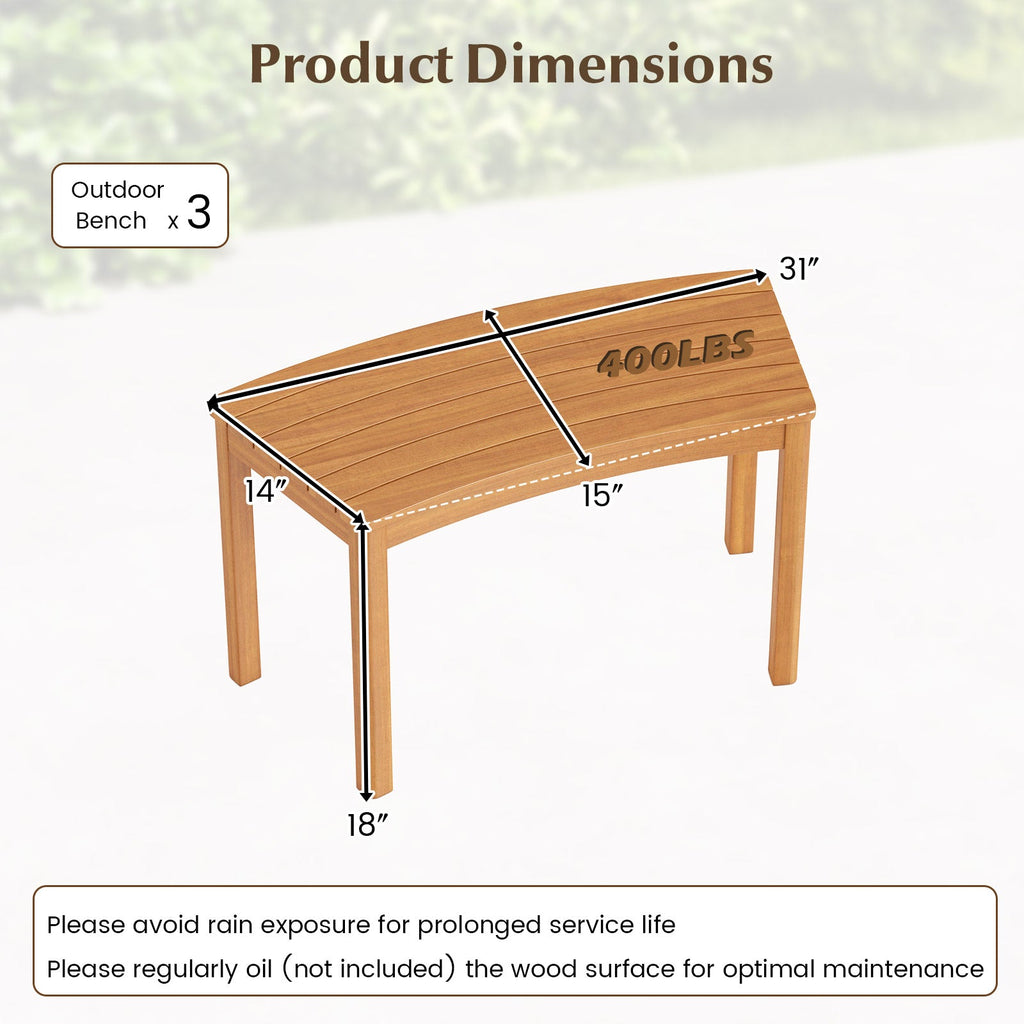 Curved acacia wood bench with slatted top and tapered legs, outdoor porch style.