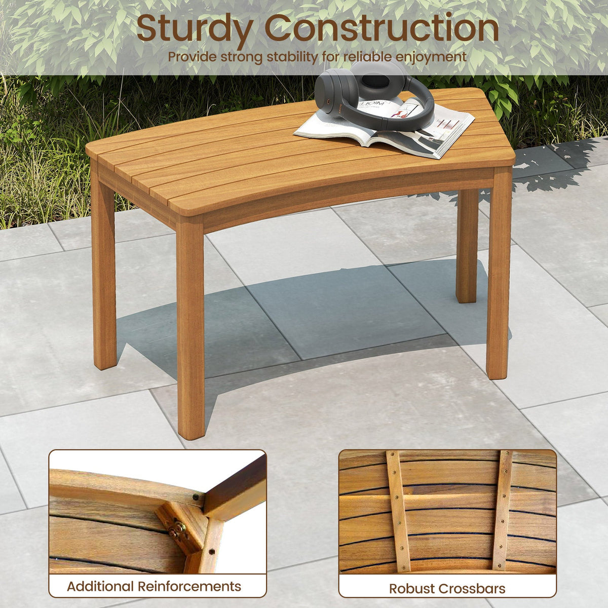 Acacia wood outdoor bench with reinforced supports and crossbars under the slatted top.