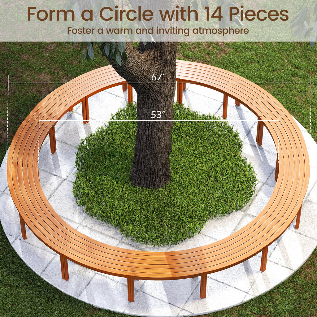 Circular arrangement of curved acacia wood benches with slatted seats around a tree.
