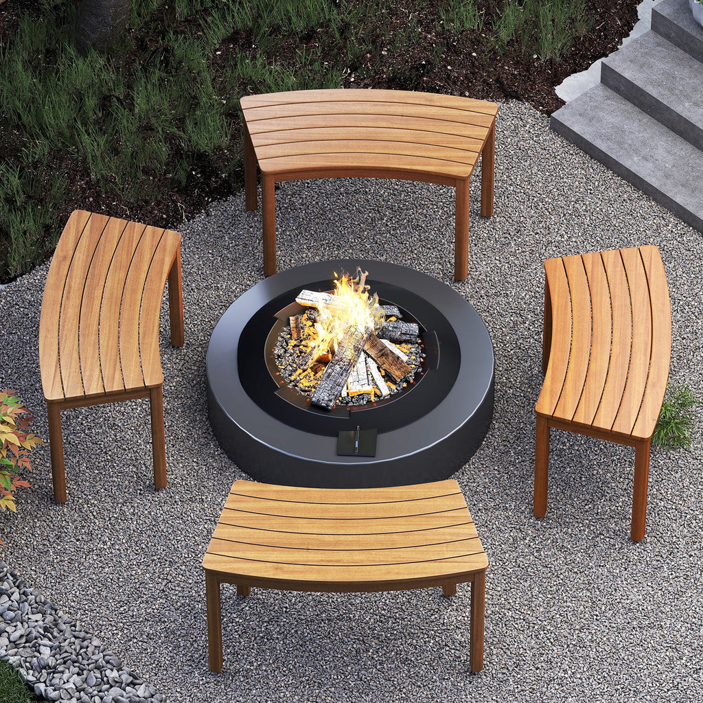 Curved acacia wood outdoor bench set with slatted seat and back, sturdy legs