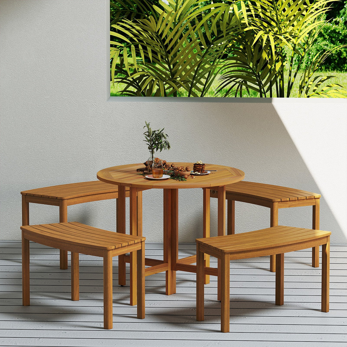Acacia wood curved bench set with slatted seats and straight legs for dining table