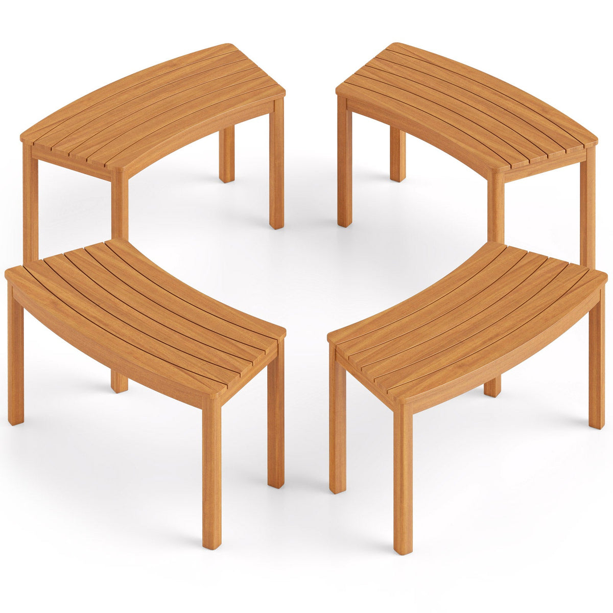 Curved acacia wood modular bench set with four arched corner benches