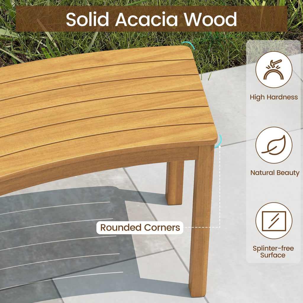 Acacia wood curved bench end with rounded corners and smooth, splinter-free look.